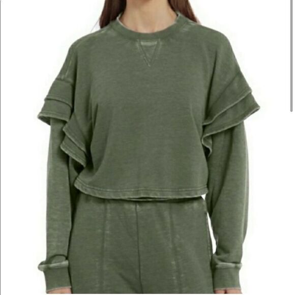 7 For All Mankind Green Ruffled Shoulder Cropped Sweatshirt - Picture 8 of 8